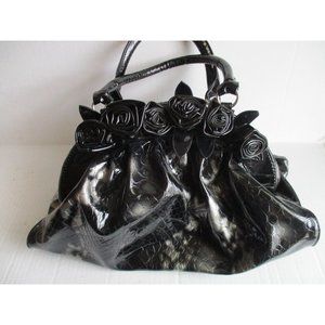 *Black and Silver Vinyl 2-Way Satchel Pleated Reptile Surface with Rosettes
